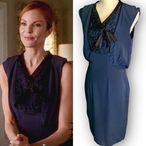 Valentino Navy Blue Pleated Ruffle & Bow Bodice Sleeveless Midi Dress Size 8